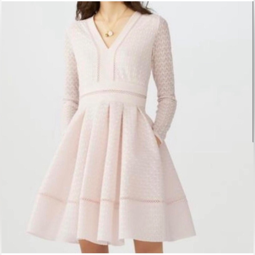 Maje Pointelle Nude Peach Pink Lace Pleated Fit & Flare Short Dress Sz2/MED $470